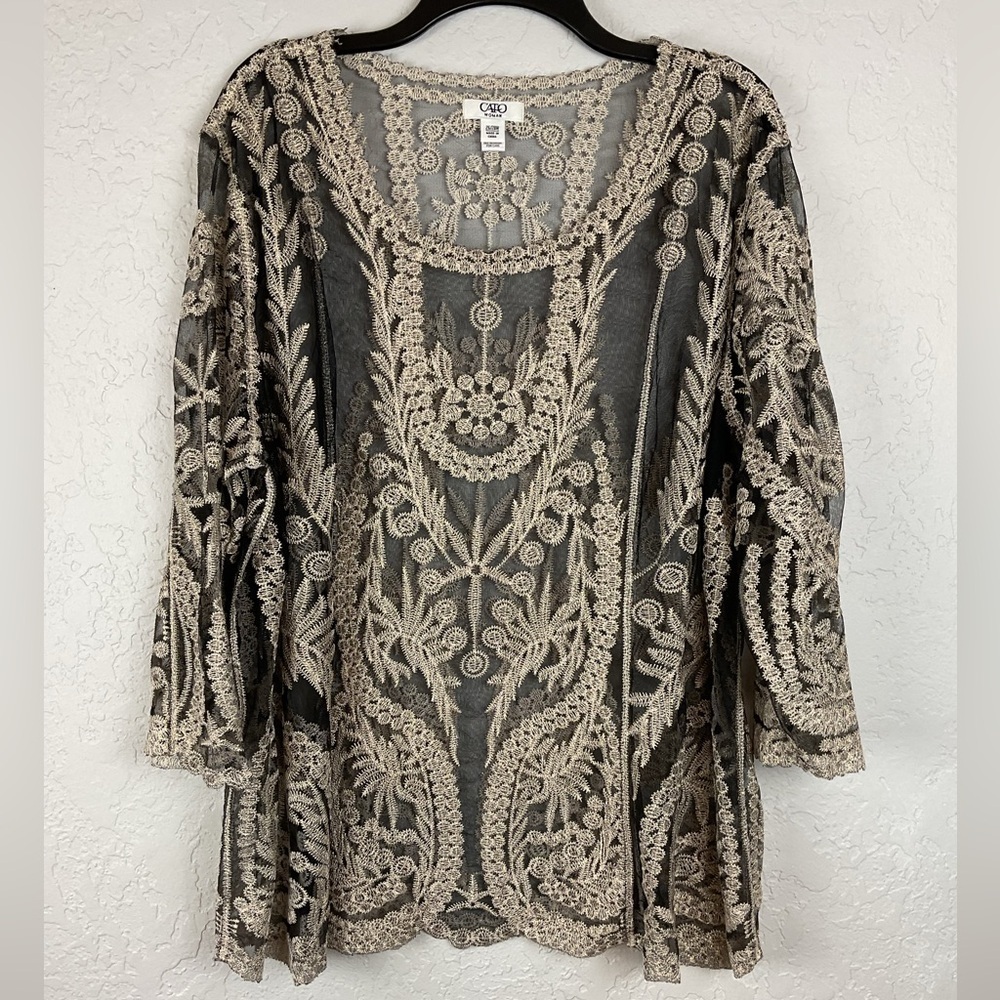 Womenās Cato Black Mesh Metallic Thread Embroidered Blouse Sheer Top Sz 26/28W